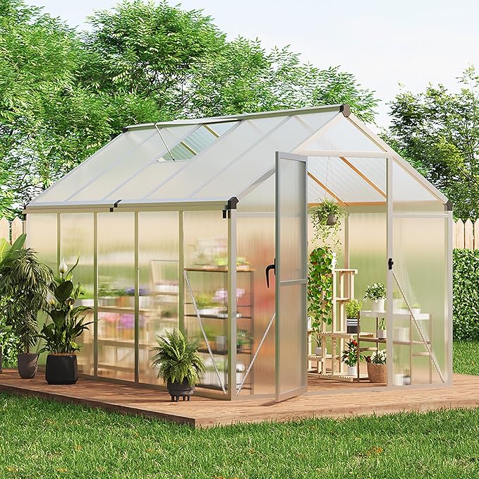 6 x 10 ft Greenhouse, Greenhouses for Outside, Polycarbonate Greenhouse with Aluminum Frame, Lockable Door and Ajustable Roof Vent for Backyard, Green Houses for Outside Garden Backyard, Patio