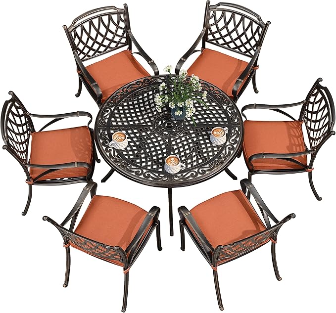 PURPLE LEAF Patio Dining Set Cast Aluminum 7-Piece Patio Furniture Set with 6 Dining Armchairs and 47" Round Table, 6 Cushions Included, for Lawn Yard Garden, Rhombic Brick Red Outdoor Dining Set