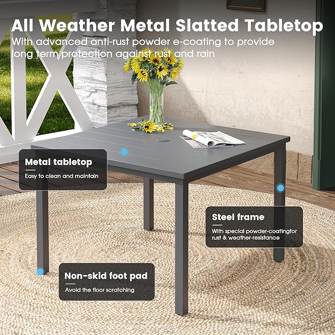DIFY 5 Pieces Outdoor Patio Dining Set for 4, 40.2" Metal Square Dining Table and 4 Textilene Swivel Dining Chairs, Outdoor Table and Chairs