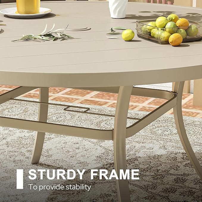 VICLLAX 53" Outdoor Round Patio Dining Table for 8, All Weather Metal Dining Table with Umbrella Hole for Deck Lawn Garden Backyard, Sandshell