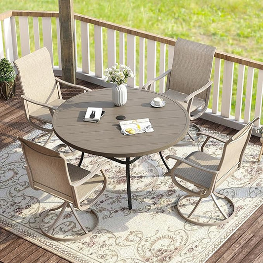 VICLLAX Patio Dining Set for 4, 5 Pieces Outdoor Furniture Includes 40.6" Round Patio Table with Umbrella Hole and 4 Outdoor Swivel Chairs for Lawn Garden, Grey Wood Grain Tabletop