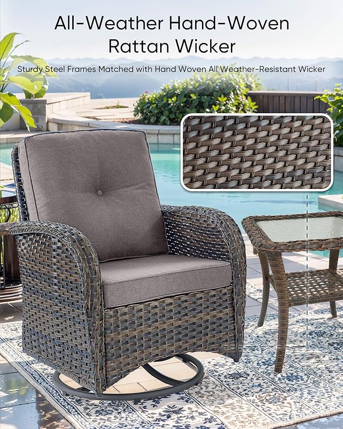 HUMMUH Outdoor Swivel Chairs,3 Pieces Patio Furniture Set with 360 Degree Wicker Swivel Rocking Chairs and Side Table for Garden,Porch,Backyard (Brown/Grey)
