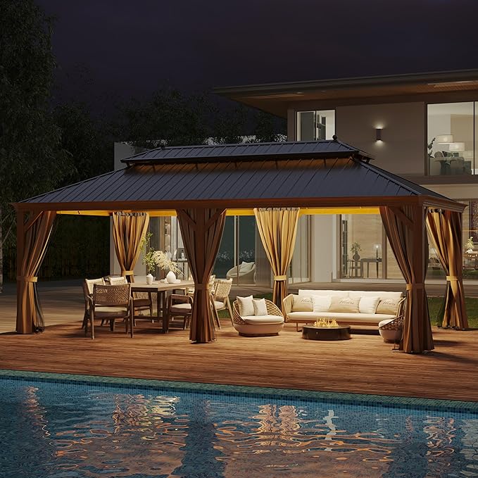 12' X 22' Hardtop Gazebo Outdoor Aluminum Patio Gazebo Double Roof Galvanized Steel Canopy Wooden Finish Coated with Netting and Curtains for Garden, Backyard, Deck and Lawns