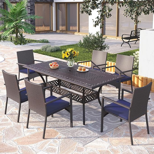 PHI VILLA Outdoor 7 Pieces Expandable Cast Aluminum Dining Set for 6, Extendable Metal Table with Umbrella Hole & Cushioned Wicker Chairs, Dining Furniture Set for Patio, Deck, Yard and Porch