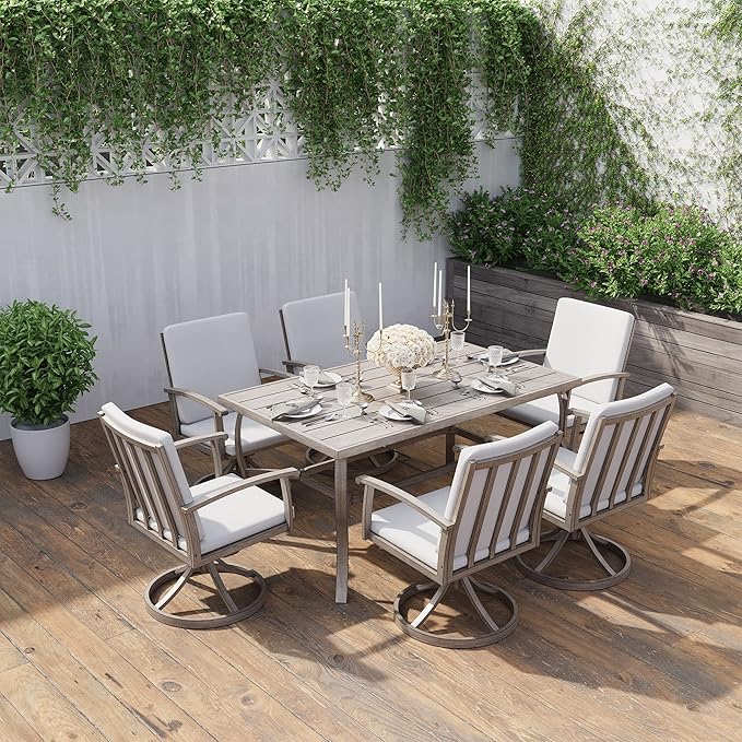 HAPPATIO 7 Piece Patio Swivel Dining Set, Aluminum Outdoor Dining Set for 6,Dining Table and Chairs Set, Patio Dining Furniture with Aluminum Table, Swivel Chairs and Washable Cushions (Gray)