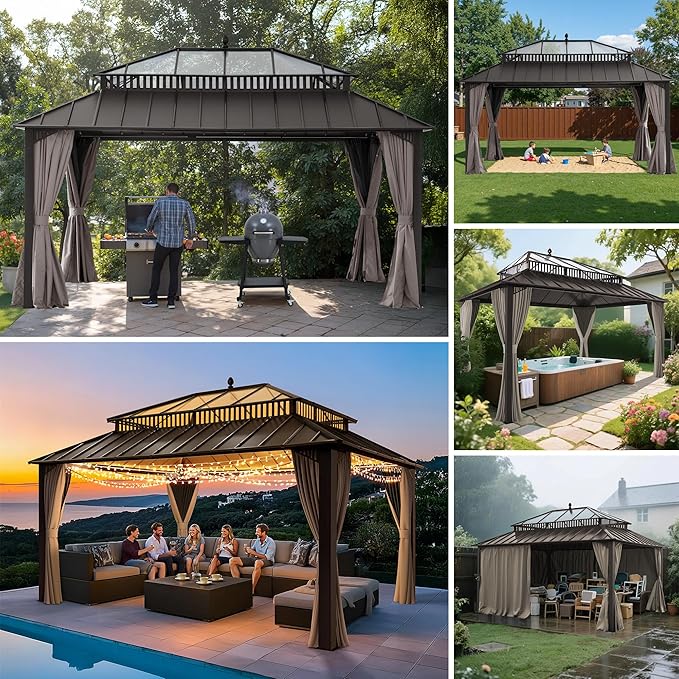 SUNJOY Kingston 16' x 12' Hardtop Gazebo with Galvanized Steel/Polycarbonate Double Roof, Curtain and Netting, Brown Aluminum Posts Permanent Pavilion Gazebo for Garden, Patio, Deck, Lawn