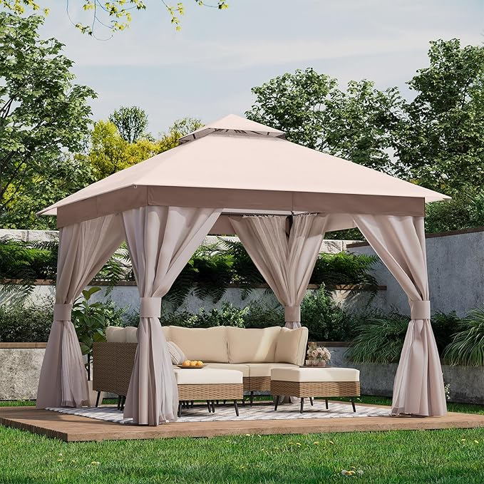 LAUSAINT HOME Outdoor Patio Gazebo 10'x10' with Expansion Bolts, Heavy Duty Party Tent & Shelter with Double Roofs, Mosquito Nettings and Privacy Screens for Backyard, Garden, Lawn, Khaki