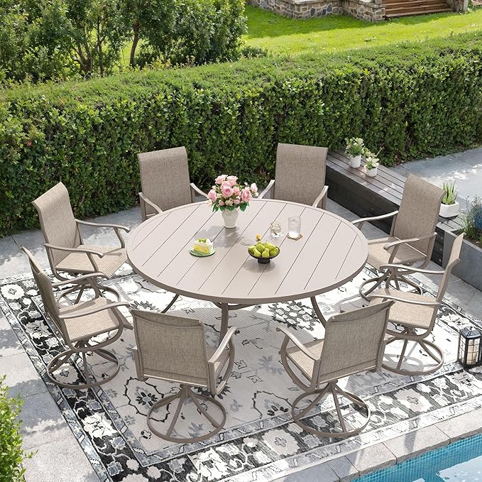 DIFY 9 Pieces Outdoor Patio Dining Set, 8 Sandshell Textilene Swivel Dining Chairs and 60" Sandshell Round Metal Dining Table, Outdoor Table and Chairs