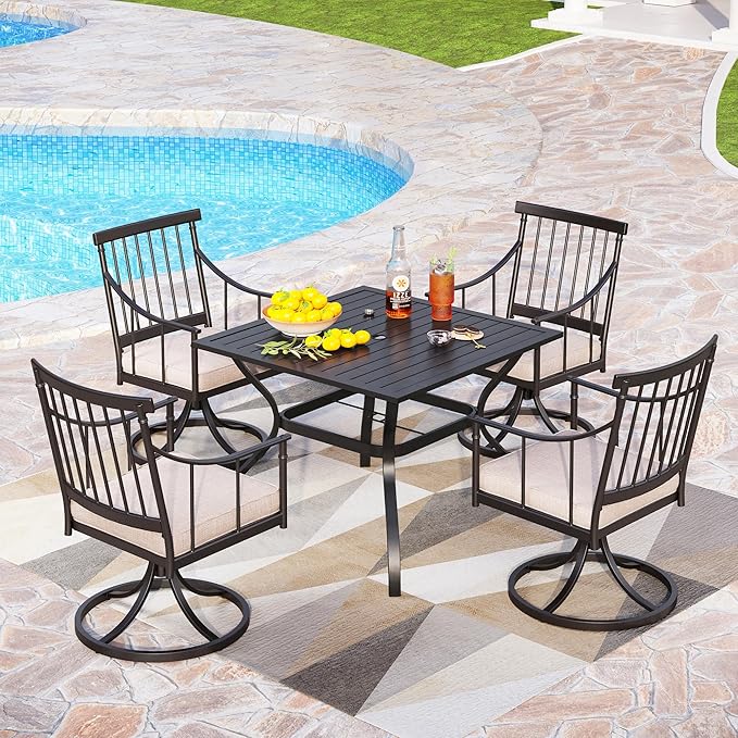 PHI VILLA 5 Pieces Outdoor Dining Set for 4, Square Black Wrought Iron Table with Umbrella Hole & Swivel Metal Chairs with Cushions, Modern Furniture for Patio, Deck, Yard, Porch