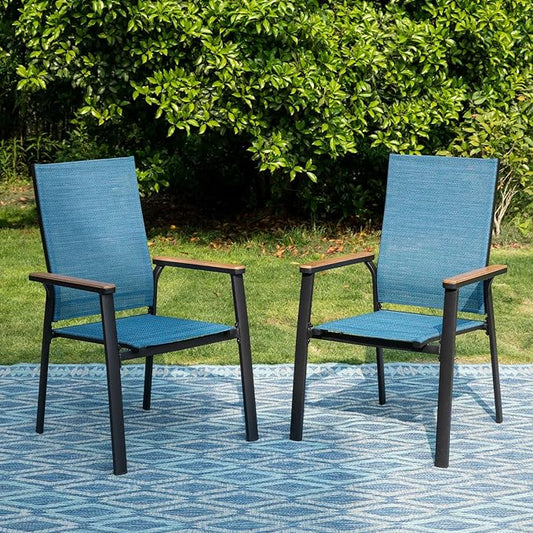 PHI VILLA Outdoor Stackable Chairs, Patio Chairs Set of 2, Light Weight Aluminum Frame with Textilene Fabric & Wood Armrest, High Back Deck Chairs for Poolside Lawn Garden, Blue
