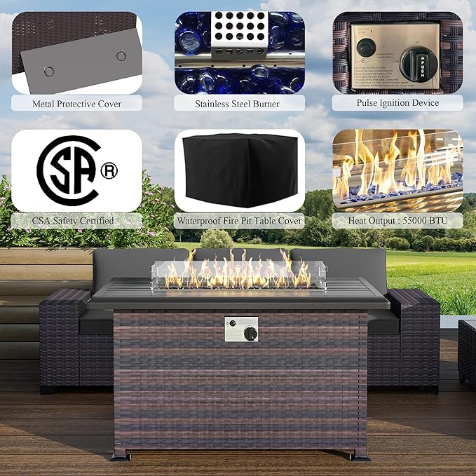 Outdoor Patio Furniture Set with Propane Fire Pit Table, 7 Pieces Outdoor Furniture Patio Sectional Sofa Conversation Sets w/ETL Approved 43" Gas Outdoor Fire Table & Coffee Table (Grey)