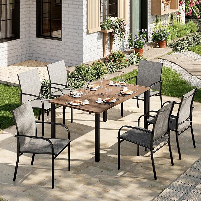 Patio Table and Chairs Set, Outdoor Dining Set for 6 with Brown Chairs and Teak Color Tabletop Outdoor Dining Table, 7-Piece Patio Furniture Set for Deck Backyard Lawn