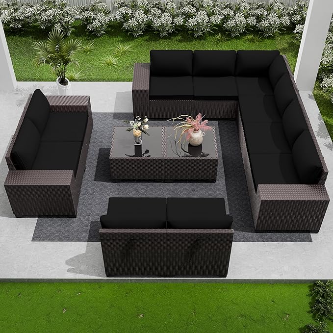 Outdoor Patio Furniture Set, 12 Pieces Outdoor Furniture All Weather Patio Sectional Sofa PE Wicker Modular Conversation Sets with Coffee Table,10 Chairs & Seat Clips(Black)