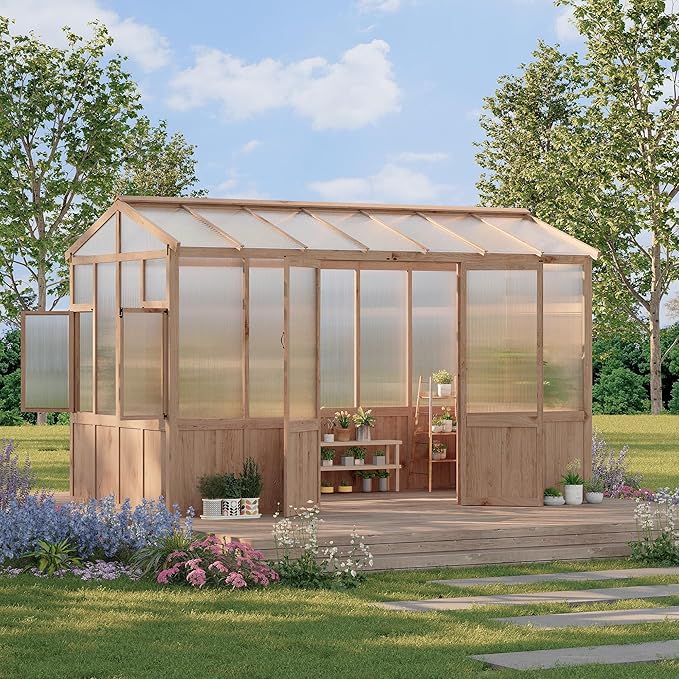 8X12 FT Heavy Duty Wooden Greenhouse for Outdoor - Walk-in Green House Kit with 6mm Polycarbonate, Ventilated Window & Lockable Door for Backyard, Patio, Lawn