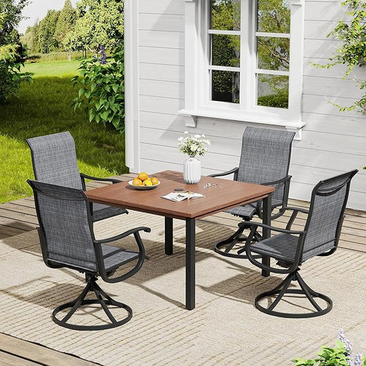 VICLLAX 5 Pieces Outdoor Dining Set, Patio Furniture Set of 4 Patio Swivel Dining Chairs and Square Patio Table, Dark Charcoal Chairs & Walnut Tabletop