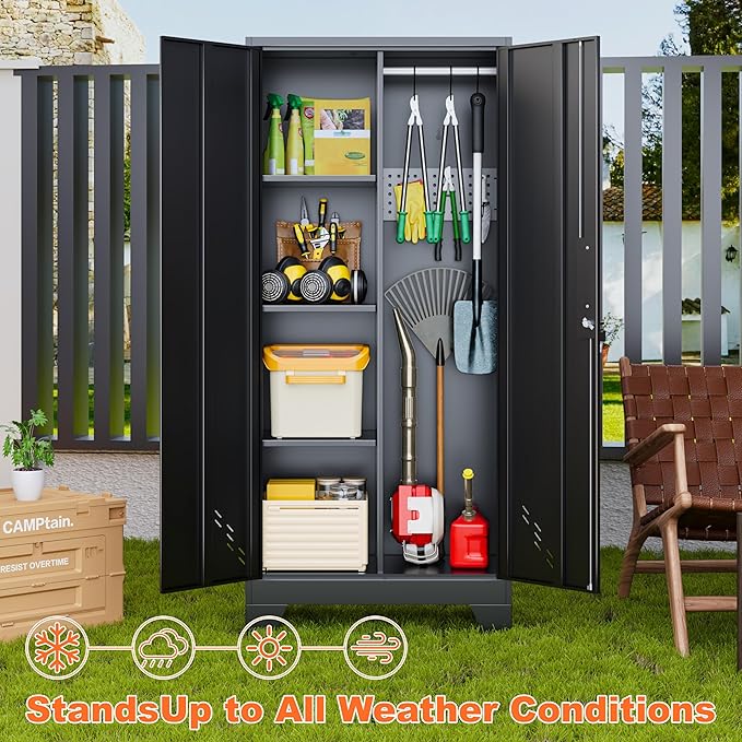 Storage Cabinet 61" H, Metal Outdoor Sheds with Shelves for Tools Storage, Cleaning Supplies Closet with Removable Pegboard for Outdoor, Garage, Utility Room