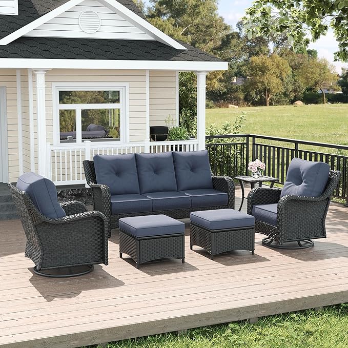 LayinSun 6 Piece Wicker Outdoor Furniture Set with 6-inch Comfy Cushions, High Back Patio Furniture Set with Swivel Rocking Chairs and Side Table