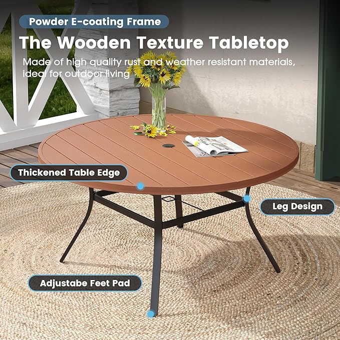 DIFY 9 Pieces Outdoor Patio Dining Set, 8 Brown Textilene Swivel Dining Chairs and 56.3" Walnut Round Dining Table with Faux Wood Top, Outdoor Table and Chairs