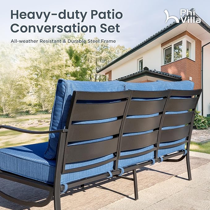 PHI VILLA 7 PCS Patio Furniture Set,Metal Outdoor Furniture with 1x 3 Seater Cushioned Deep Seating Bench Sofa, 2 Swivel Chair, 2 x Leg Chairs & 2 Ottoman for 7 Person, Peacock Blue