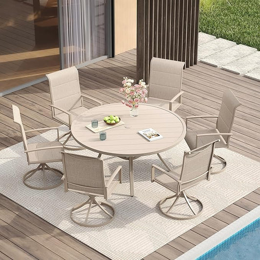 VICLLAX 7 Pieces Patio Dining Set for 6, All Weather Outdoor Furniture - 47.2" Round Patio Table and Swivel Padded Chairs, Sandshell Color Tabletop and Fabric