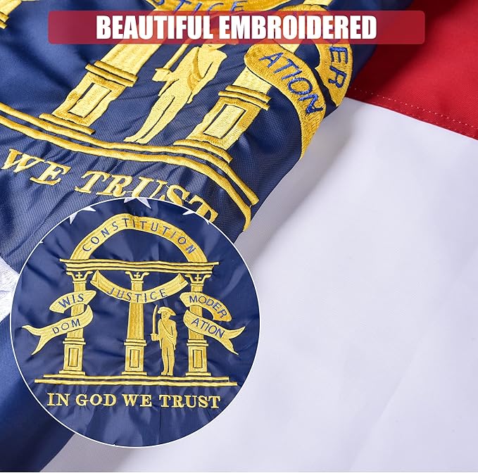 Georgia State Flag 3x5 Ft Deluxe Full Embroidered Premium Polyester Durable GA Outside Flag with Sewn Stripes and Brass Grommets for Indoor/Outdoor