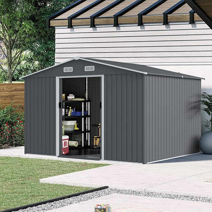 Outdoor Storage Shed 8 x 10 FT Large Metal Tool Sheds, Heavy Duty Storage House with Sliding Doors with Air Vent for Backyard Patio Lawn to Store Bikes, Tools, Lawnmowers Grey