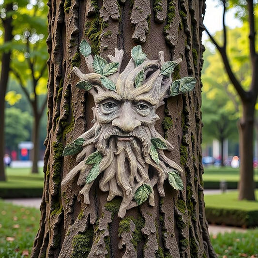 Whimsical Tree Face Garden Decoration ，Tree Faces Decor Outdoor Wallmounted Statue Art with Leaf Features, Outdoor Decor Garden Accessory (Nature and Outdoors)