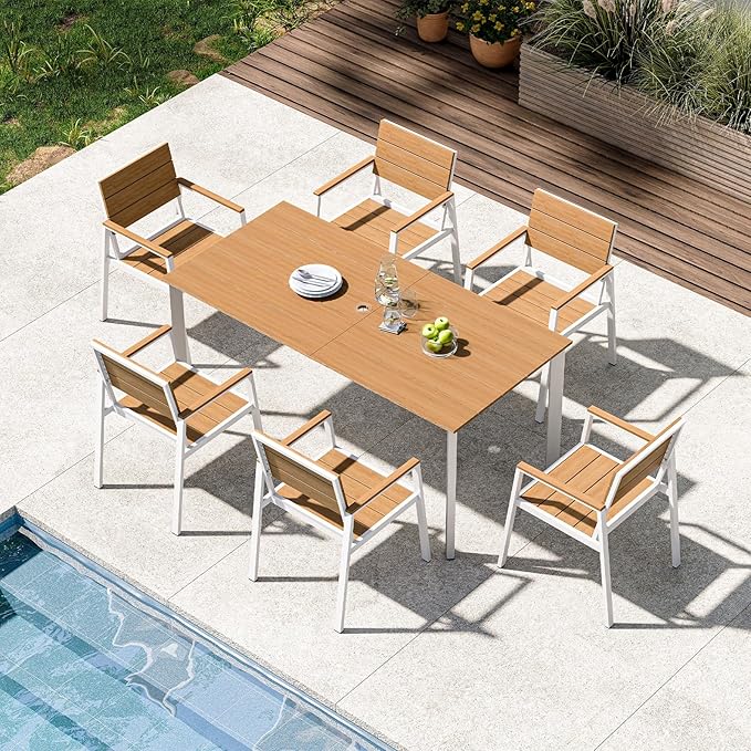Outdoor Patio Dining Set for 6, Aluminum 7 Piece HDPE Patio Table and Chairs Set with Umbrella Hole, Modern Rectangular Patio Furniture Set with All-Weather Table & 6 Chairs (White & Teak)