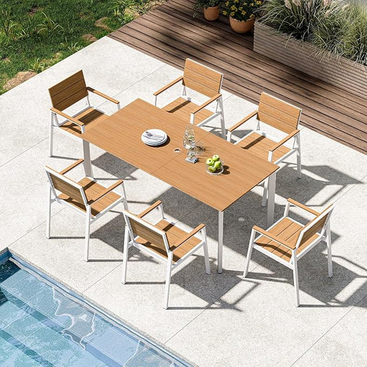 Outdoor Patio Dining Set for 6, Aluminum 7 Piece HDPE Patio Table and Chairs Set with Umbrella Hole, Modern Rectangular Patio Furniture Set with All-Weather Table & 6 Chairs (White & Teak)