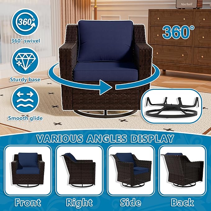 Vista Vibe 3 Pieces Outdoor Patio Conversation Furniture Set - 360 Degree Swivel Glider Rocker Chairs | Wicker End Table, Washable Cushions, Hand-Woven PE Rattan, Lawn, Sunroom (Brown/Navy)