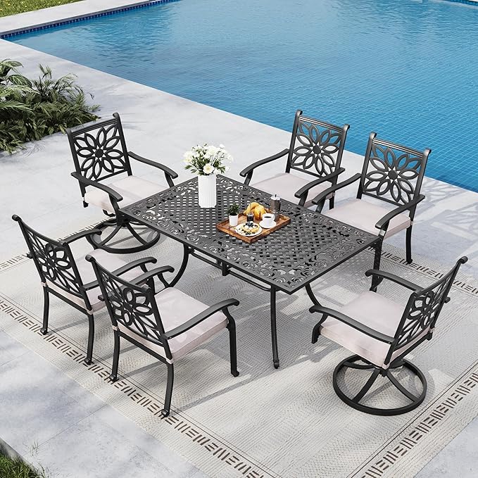 MFSTUDIO 7 Pieces Cast Aluminum Patio Dining Set with 2×Swivel & Rock Chair, 4×Extra Wide Dining Chair and 1×63" Rectangular Dining Table, Outdoor Dining Set for 6, Brown