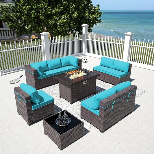 Outdoor Patio Furniture Sets with Propane Fire Pit Table, 10 Pieces Outdoor Furniture Patio Sectional Sofa Conversation Sets w/ETL Approved 43" Gas Outdoor Fire Table & Coffee Table (Turquoise)