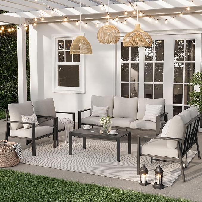 7 Seats Patio Conversation Set, Aluminum Outdoor Furniture Set Sectional Sofa with Upgrade Cushion and Coffee Table for Balcony, Porch,Garden,Backyard