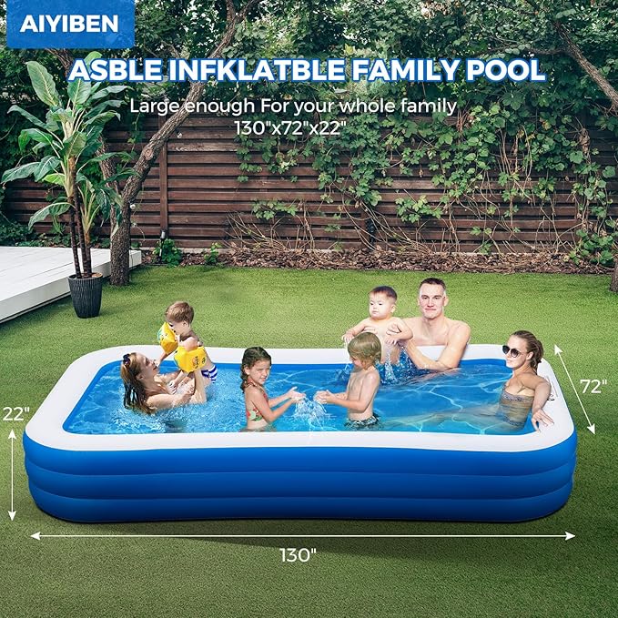 Inflatable Swimming Pool with Pool Lights, 130" x 72" x 22" Full-Sized Large Inflatable Family Pool, Summer Water Party, Outdoor, Garden Backyard, Suitable for Adults