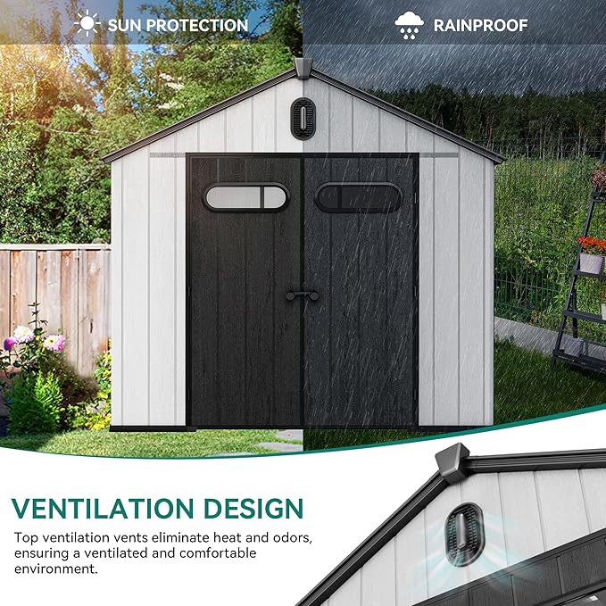 YITAHOME 8x10ft Resin Storage Structure, Outdoor 544 cuft Plastic Garden Storage Unit with Windows, Vents and Lockable Entrance, Waterproof Tool Organizer with Flooring for Lawn Equipment，Gray