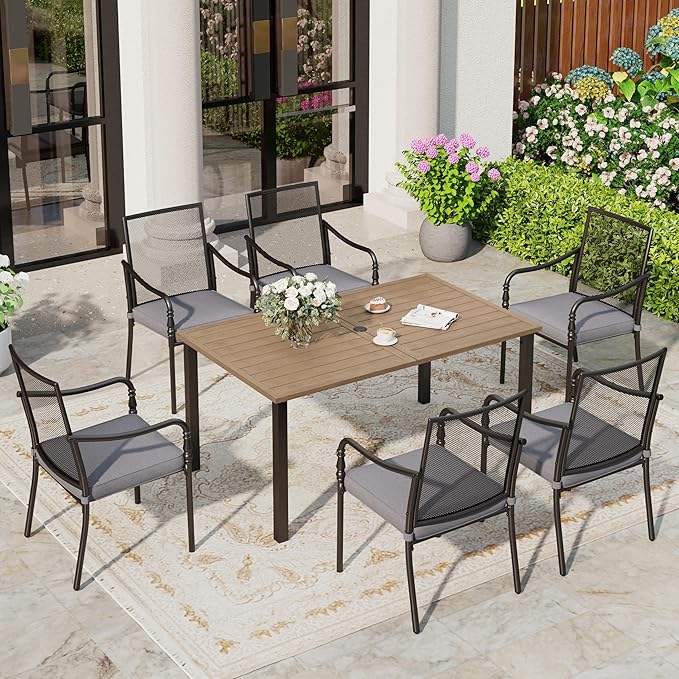 Patio Table and Chairs Set of 6, All-Weather Breathable Metal Mesh Patio Chair with Gourd-Shaped Armrests, 60x38 Wood-Like Table with Umbrella Hole, 7 Pcs Metal Frame Patio Dining Set