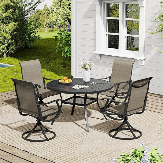 VICLLAX 5 Pieces Outdoor Dining Set, Patio Furniture Set of 4 Patio Swivel Dining Chairs and 40.6" Patio Spliced Round Tabletop with Storage Shelf, Mixed Brown Chairs & Black Tabletop