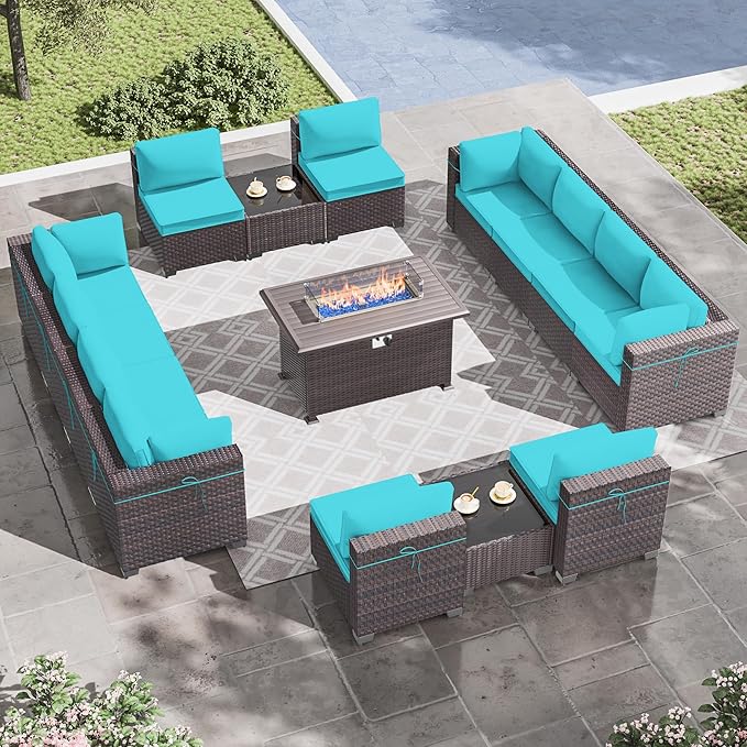 Outdoor Patio Furniture Set with Propane Fire Pit Table, 15 Pieces Outdoor Furniture Patio Sectional Sofa Conversation Sets w/ETL Approved Gas Outdoor Fire Table & Coffee Table(Blue)