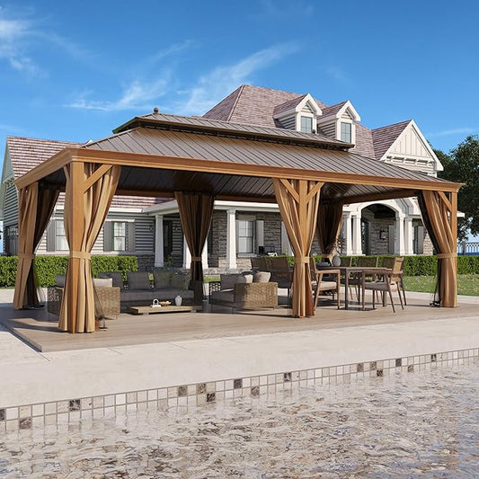 12' X 22' Hardtop Gazebo Outdoor Aluminum Patio Gazebo Double Roof Galvanized Steel Canopy Wooden Finish Coated with Netting and Curtains for Garden, Backyard, Deck and Lawns