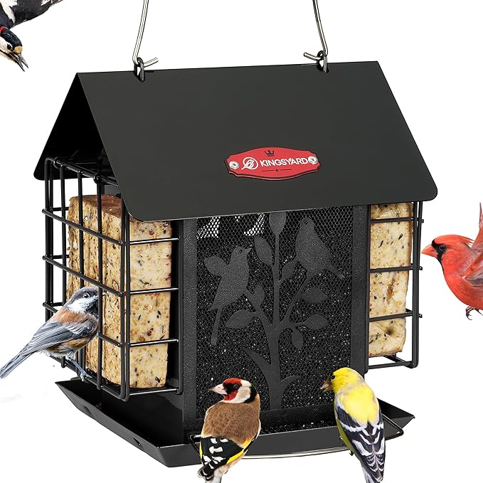 Kingsyard Metal Bird Feeder for Outdoor Hanging, Wild Bird Feeder with Double Suet Cage, Weatherproof Roof and 3 lbs Large Seed Capacity, Black
