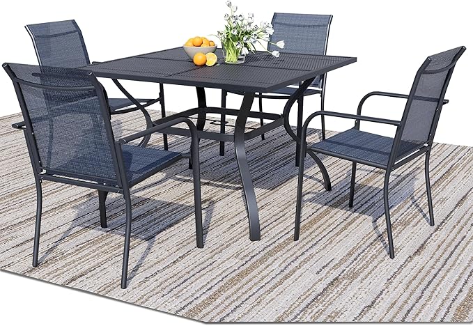5 Pieces Sqaure Dining Table Set for 4, Patio Dining Set Includes 4 Dark Blue Stackable Patio Chairs and 1 Black Mesh Square Table, Patio Furniture Sets with Sling Support for Outside, Garden