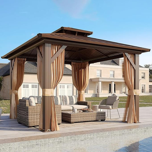 YOLENY 10' x 10' Gazebo Hardtop with Aluminum Frame,Galvanized Steel Double Roof Gazebos with Curtain and Netting,Outdoor Metal Pergolas for Garden, Lawn, Deck, Brown
