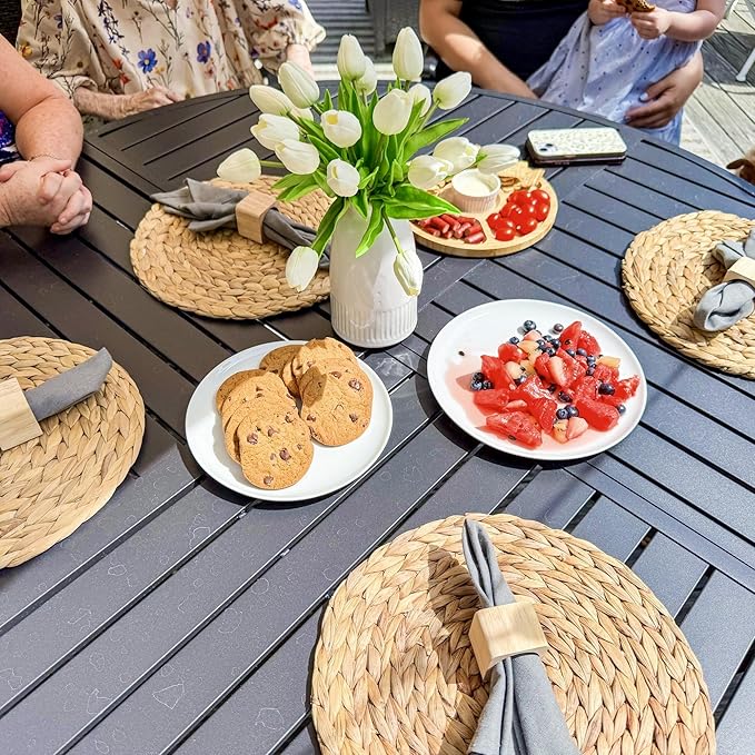 Patio Table and Chairs Set of 6, All-Weather Breathable Metal Mesh Patio Chair with Gourd-Shaped Armrests, 54x54 Round Table with Umbrella Hole, 7 Pcs Metal Frame Patio Dining Set