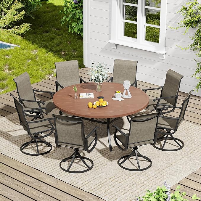 VICLLAX 9 Pieces Outdoor Dining Set, Patio Furniture Set of 8 Patio Swivel Dining Chairs and 60" Patio Round Table, Mixed Brown Chairs & Walnut Tabletop