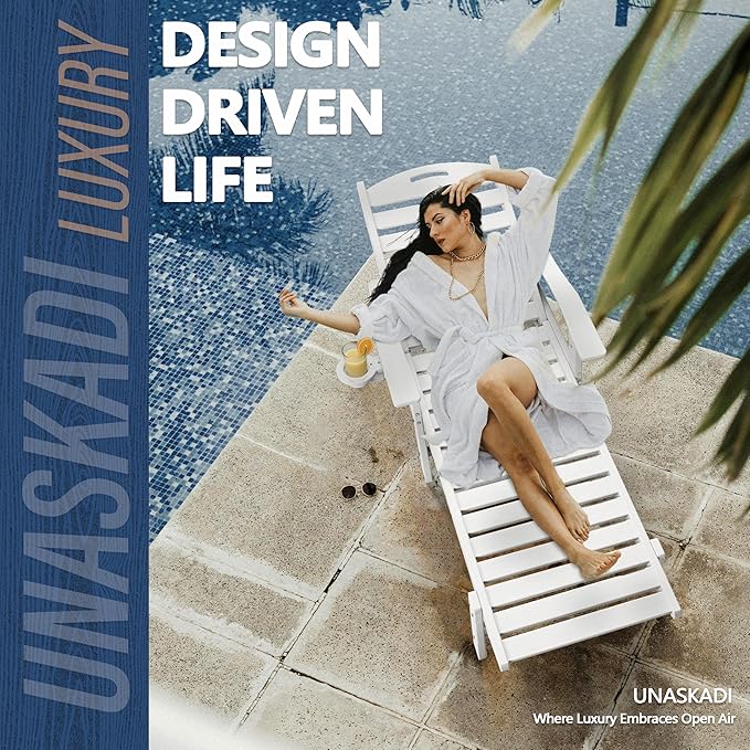 Patio Chaise Lounge Chair Set of 4, HDPE Outdoor Lounge Chairs with 5-Position Adjustable Backrest, Cup Holder and Wheels, 450lbs Capacity for Poolside Deck Backyard, All Weather Material(White)