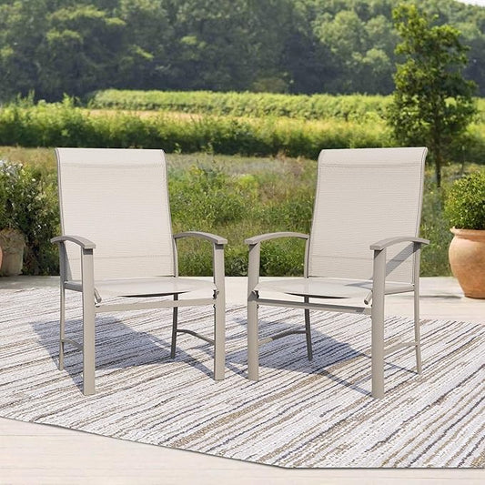 Outdoor Dining Chairs Set of 2, Stackable Patio Chairs with Metal Frame & Textilene Fabric, Perfect for Patio Garden Deck, Ivory