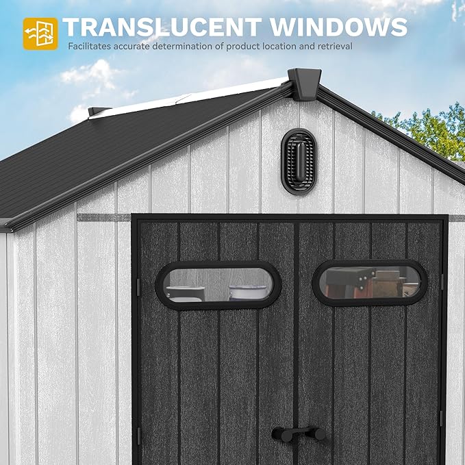 DWVO 8x10 FT Outdoor Storage Shed, 544 cuft Large Plastic Storage Shed with Floor & Lockable Door, Outside Tool Garden Shed with Windows & Vents for Patio Furniture, Lawn Mower, Bike, Black&Gray