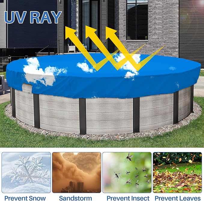 ECOOPTS 17 ft Waterproof Round Polyester Pool Cover for Above Ground Pools, Swimming Pool Cover Protector Winter Safety Cover (Blue Sky)