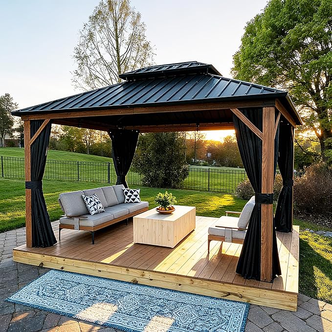 PURPLE LEAF 10' X 12' Hardtop Gazebo Outdoor Wood Grain Aluminum Frame Galvanized Steel Double Roof Gazebos with Netting and Curtains for Patio Deck Backyard Garden
