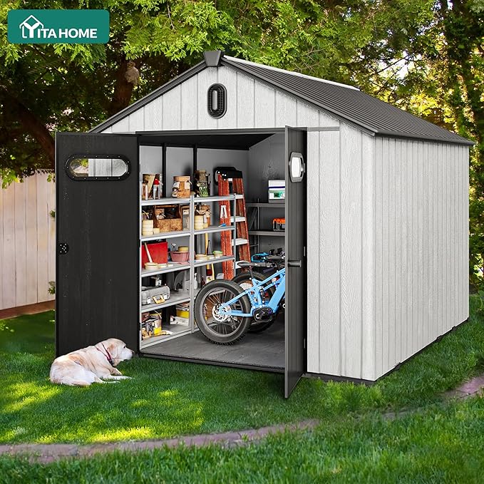 YITAHOME 8x10ft Outdoor Resin Storage Shed with Floor, 544 cuft Waterproof Garden Shed with Lockable Door, Windows & Vents, Plastic Tool Storage for Patio Furniture, Lawnmower, and Bike Storage, Gray